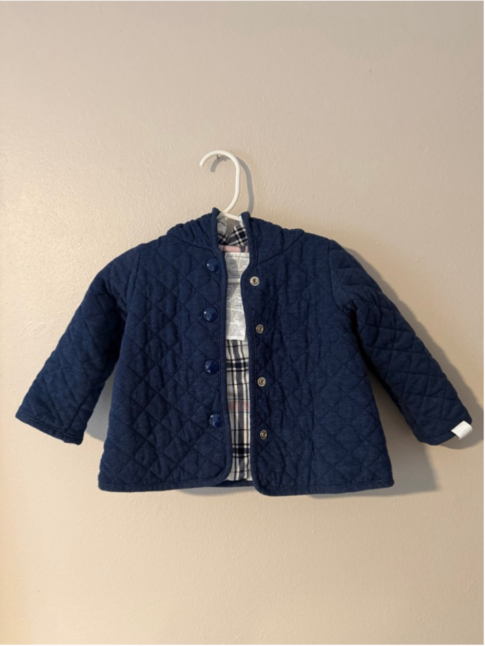 Quilted Navy Blue Hooded Jacket with Plaid Lining